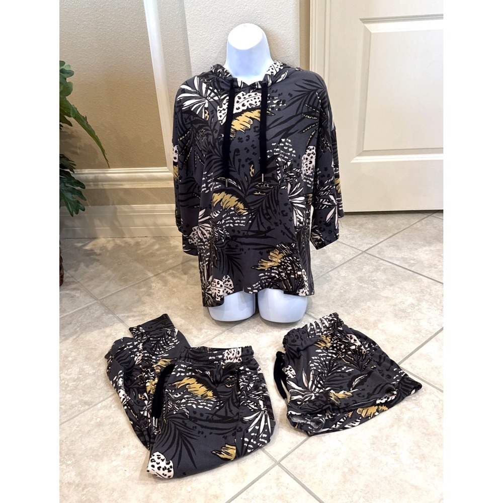 Midnight Baker 3 Piece Lounge Set Grey Tropical Palm Hoodie‎ Joggers Shorts Med